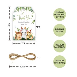 50pcs Jungle Safari Thank You Tags, Wild Animals Gift Tag with String for Baby Shower Party, Animal Thank You Paper Tags for Wild One Birthday/Engagement/Baby Shower Party Favors