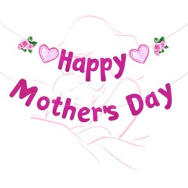Oeyliz Happy Mother's Day Banner Mother's Banner Glitter Mom's Garland Sign DIY Mom Day Decorations Pink Flowers and Heart Patterns Outdoor Indoor Home Hanging Decorations Party Supplies