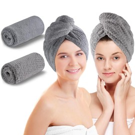KinHwa Hair Turban Towel with Button 2 Pieces Super Absorbent Quick Drying Microfibre Turban Hair Towel Long Hair Curls Head Towels