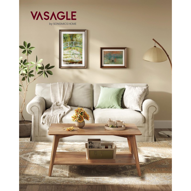 VASAGLE Coffee Table, 2-Tier Living Room Table with Storage, Center