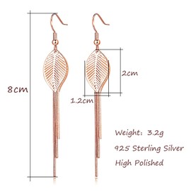 Deyanse Silver Long Earrings Hanging, 925 Sterling Silver Drop Earrings for Women, Hypoallergenic Drop Dangle Snake Chain Earrings, Long Tassel Earrings with Leaves/Crooked Diamond, Rose Gold, No