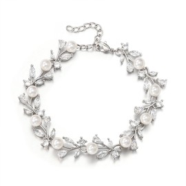 EVER FAITH Faux Pearl Wedding Jewelry for Bride Bridesmaid, Gorgeous Cubic Zirconia White Gold Plated Vine Leaf Teardrop Adjustable Link Chain Bracelet for Women