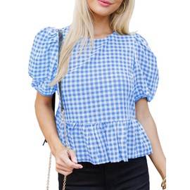 Cicy Bell Womens Puff Sleeve Gingham Blouse Summer Ruffle Peplum Babydoll Tops Cute Plaid Cotton Shirts Sky Blue