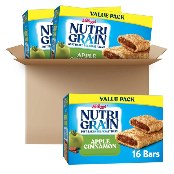 Nutri-Grain Soft Baked Breakfast Bars, Made with Whole Grains, Kids Snacks, Value Pack, Apple Cinnamon (3 Boxes, 48 Bars)