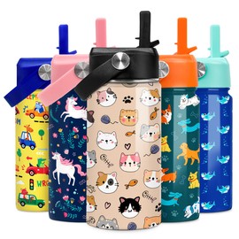 SANDJEST Kids Water Bottle Cat Water Bottles 12oz with Straw Insulated Stainless Steel Travel School Tumbler Double Wall Vacuum Cup for Girls Kid Boys