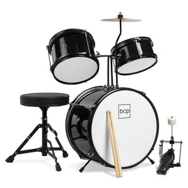Best Choice Products Kids Beginner 3-Piece Drum, Musical Instrument Set w/ Sticks, Cushioned Stool, Drum Pedal - Color: Black