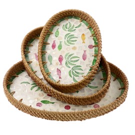 3 Pcs Oval Mother of Pearl Inlay Green Fish Decorative Rattan Serving Tray