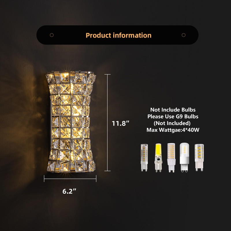 Kaiyuan Crystal Wall Light Fixtures,Modern Chrome Wall Lamp with Clear