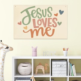 Playroom Decor Jesus Loves Me Banner Boho Nursery Bedroom Decor 22x33In Canvas Flag Banner Wall Hanging Banners Flag Decor for Toddler Boy Kids Room Nursery Playroom