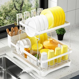 arshray Dish Drying Rack 2-Tier Dish Racks for Kitchen Counter, Adjustable Spout Auto-Draining Dish Rack, Large Capacity for Plates, Bowls, Cups, Tableware，Dish Drainer with Drainboard,White