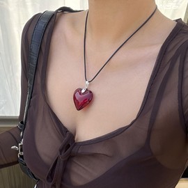 Red Heart Necklace Carnelian Necklace Chunky Heart Charm Necklace Red Glass Puffy Heart Choker Necklace Concert Outfit
