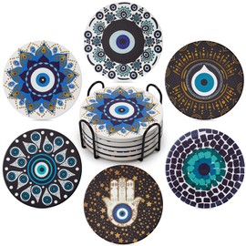 Evil Eye Decor Coasters Set of 6,House Warming Gift Drink Absorbent Coasters with Holder, Coffee Table Decor Ceramic Stone Coaster for New Home,Apartment Kitchen Bar Living Room (Evil Eye-White)