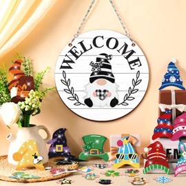 Qunclay Interchangeable Wooden Gnome Diamond Art Decor Holiday Seasonal Welcome Sign Gnome with Magnet Pieces and Detachable Hats Changeable DIY Hanging Front Door Decor(White)