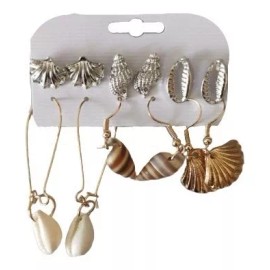 Deluxe Set Aretes 6 En 1 Playeros Concha Joyería Plateados Dorados