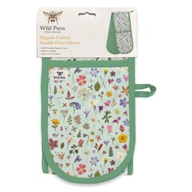 Double Oven Gloves - Organic Cotton - Floral Design - Pressed Flowers Mint Meadow - Stylish Kitchenware