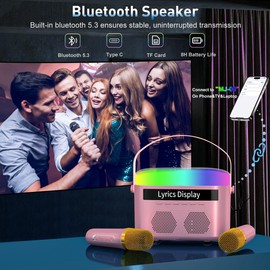 Karaoke Machine for Kids Adults with Lyrics Display, Mini Portable Bluetooth Dual Speaker with 2 Wireless Microphones, Birthday Gifts for Girls Boys, 7 Modes Night Lights, White Noise, 8G Card Reader