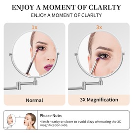 BWE Brushed Nickel Wall Mounted Makeup Mirror 1X/3X Magnification 7.87" Double Sided Bathroom Mirror for Makeup or Shaving 360° Swivel Extendable Vanity Mirror