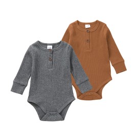 Newborn Infant Baby Boy Clothes Long Sleeve Rompers Jumpsuit Unisex Button Knit Solid Ribbed Clothing - 2 pack 6-9 Months (Grey+Khaki Yellow)
