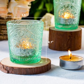 6 Pack Sun Moon Star Embossed Glass Tea Light Candle Holders - Votive Candle Holders for Wedding, Party, Home Decor, and Table Centerpieces (Apple Green)