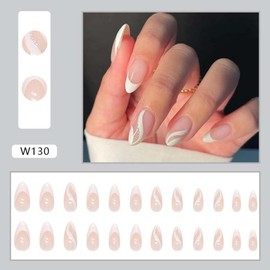 White French Tip Press on Nails Short Almond Fake Nails Nude False Nails Press ons with Design White Swirl Wave Glossy Full Cover Glue on Nails Cute Artificial Stick on Nails for Women Manicure 24Pcs