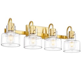 METWET Bathroom Light Fixtures, 4-Light Brushed Gold Vanity Lights with Clear Glass Shade, 28 Inch Vintage Vanity Lighting Fixtures Over Mirror, VL124-BG-4