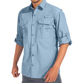 linlon Mens Safari Shirts Long Sleeve UV Protection Hiking Fishing UPF 50+ Quick Dry Travel Shirts#5066-Blue-S