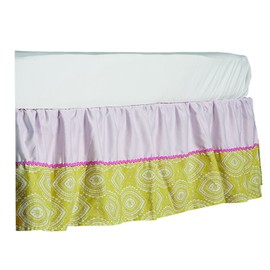 Lolli Living 100% Cotton Crib Bed Skirt (Green Damask/Pink Twill). Machine-Washable Dust Ruffle for Baby Crib (Poppy Seed Collection)