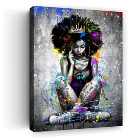 BAVEQAS African American Wall Art - Black Queen with Crown Street Art Canvas, Colorful Inspirational Graffiti Wall Decor, Modern Home Decor for Living Room, Bedroom, 12x16 Inch