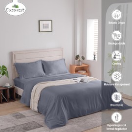 EUCAREST 100% Eucalyptus Tencel Bed Sheet Set | Queen Size | Organic | Ultra Soft | Cooling for Hot Sleepers | Hypoallergenic | Thermal Regulating | Deep Pocket | Fits 18" Mattress - Storm Gray