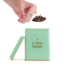 A.C. PERCH'S Tea caddy for loose tea, 100 g, light green, classic square tea box, elegant and practical storage for loose tea and tea bags