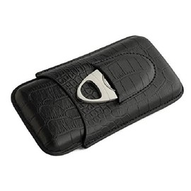 Katzs Leather Embossed 3 Tube Cigar Case Holder with Premium Cutter Set (Black Crocodile)