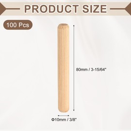 sourcing map Wooden Dowel Pins 3/8"x 3-15/64" (10mm x 80mm) Straight Dowel Rods Wood Fluted Dowels Rods for Crafts Furniture DIY Hardwood Count 100