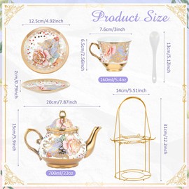 Zhehao 20 Pcs Porcelain Tea Set with Metal Holder Adult Ceramic Tea Party Set European Flower Tea Cup Saucer Set for Adult Women with Flower Painting, Large Version(Rustic Style)