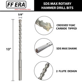 FF ERA 5/8 Inch x 13 Inch SDS MAX Rotary Hammer Drill Bit – U-Flute - Masonry Drill Bits with Carbide Tipped for Brick, Stone, Concrete – SDS MAX Divers ONLY (5/8''x13'')