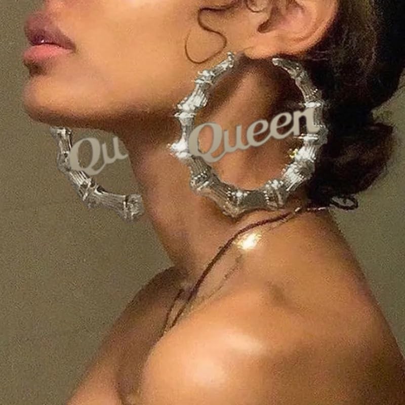 Old English Font Queen Word 9cm Large Bamboo Hoop Earrings