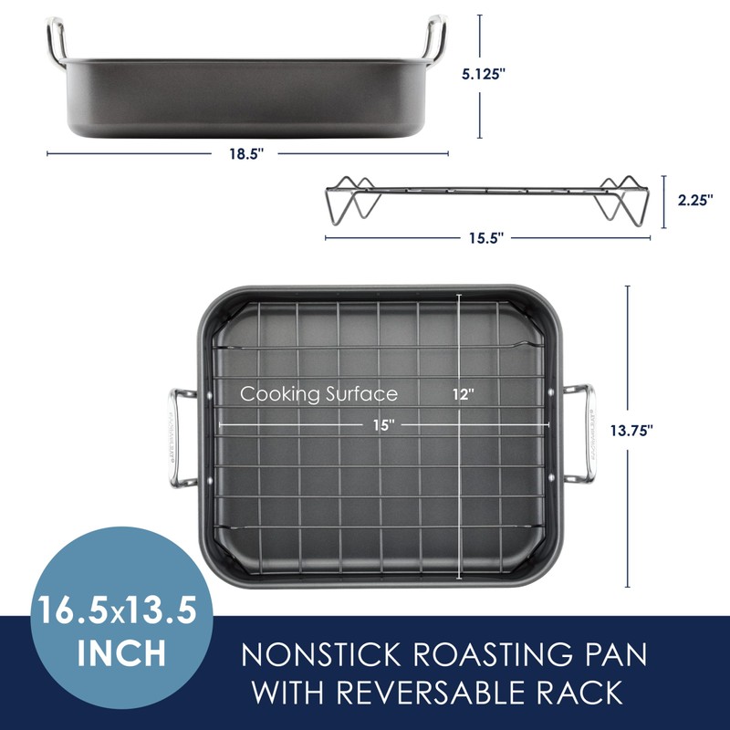 Rachael Ray Bakeware Nonstick Roaster/Roasting Pan with Reversible Rack, 16.5