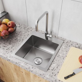 Bathenum 15" x 17" Drop in Bar Sink 304 Stainless Steel Single Bowl Kitchen Sink with Drain Kit, Brushed