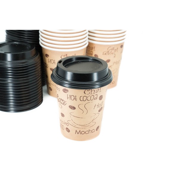 ECODESIGN-US 10 Ounce Disposable Paper Coffee Hot Cups with Black Lids - 50 Sets - Coffee Cappuccino Latte To Go Medium Portion