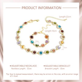 Hanaoops Jewellery Set for Women Colourful Crystal Necklace Bracelet Set Zircon Vintage Gold Chain Choker Bracelet Prom Wedding Jewellery Accessories Gift, One size, Gemstone, No gems