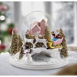 Santa w/Reindeer Pink Cottage Snow Globe by The San Francisco Music Box Company