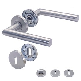 APECS Door Handles Door Handle Set Room Doors INOX Door Handle for Front Door and Interior Doors Door Fitting Round Rosette Set Stainless Steel Matt Handle Set WC | PZ | BB Model H-0204, Silver