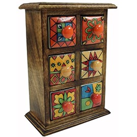 GURU SHOP Apothecary Cabinet with Colourful Ceramic Drawers, Spice Box, 2 x 3 Compartments, Model 1, Brown, 25 x 18 x 10 cm, Tins, Boxes & Caskets