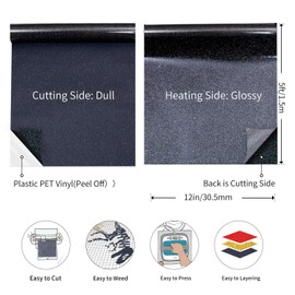 TransWonder Black Glitter HTV Heat Transfer Vinyl 12inx5ft Iron on Vinyl for Cricut T Shirts