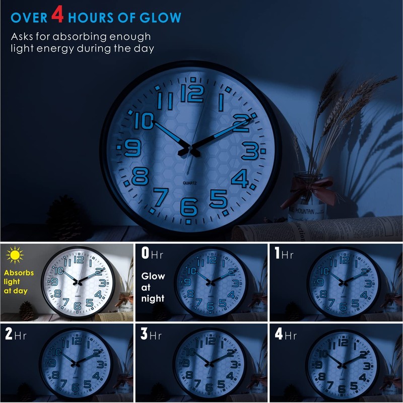 Plumeet Night Light 13'' Bedroom Wall Clocks with Silent Non-Ticking