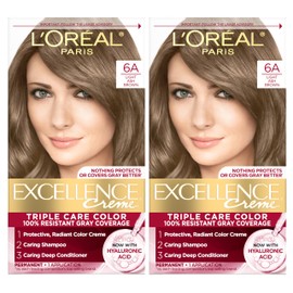 L'Oreal Paris Excellence Crème Permanent Hair Dye, Triple Care Hair Color with Pro-Keratine Complex for 100% Gray Hair Coverage, 6A Light Ash Brown, 1 Kit (Pack of 2)