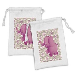 Lunarable Animal Fabric Pouch Set of 2, and Floral Pattern Illustration Wild Life Themed Animal, Small Drawstring Bag for Toiletries Masks and Favors, 9" x 6", Khaki Pink Dried Rose