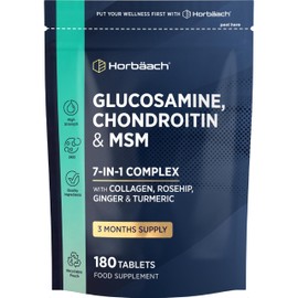 Glucosamine and Chondroitin High Strength 7-in-1 | 180 Tablets | 1200mg Complex with Glucosamine Sulphate 2KCl, MSM, Collagen and Ginger Root | Supplement for Men and Women | By Horbaach