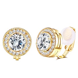 FASACCO Clip On Earrings for Women Non Pierced Earrings Colorful 7MM Round Cubic Zirconia Clip-on Earrings Women Hypoallergenic Silver Clip Earrings Gold CZ (with Box)