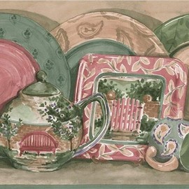 CONCORD WALLCOVERINGS ™ Wallpaper Border Vintage Pattern Kitchenware for Cottage Kitchen Dining Room, Beige Green Red, 15 ft by 10 in IG75155B