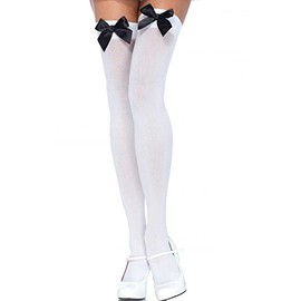 18MM Ladies Womens Opaque Over Knee Long Stockings with Satin Bows (White/Black)(Size: Fit: 150cm -175cm)